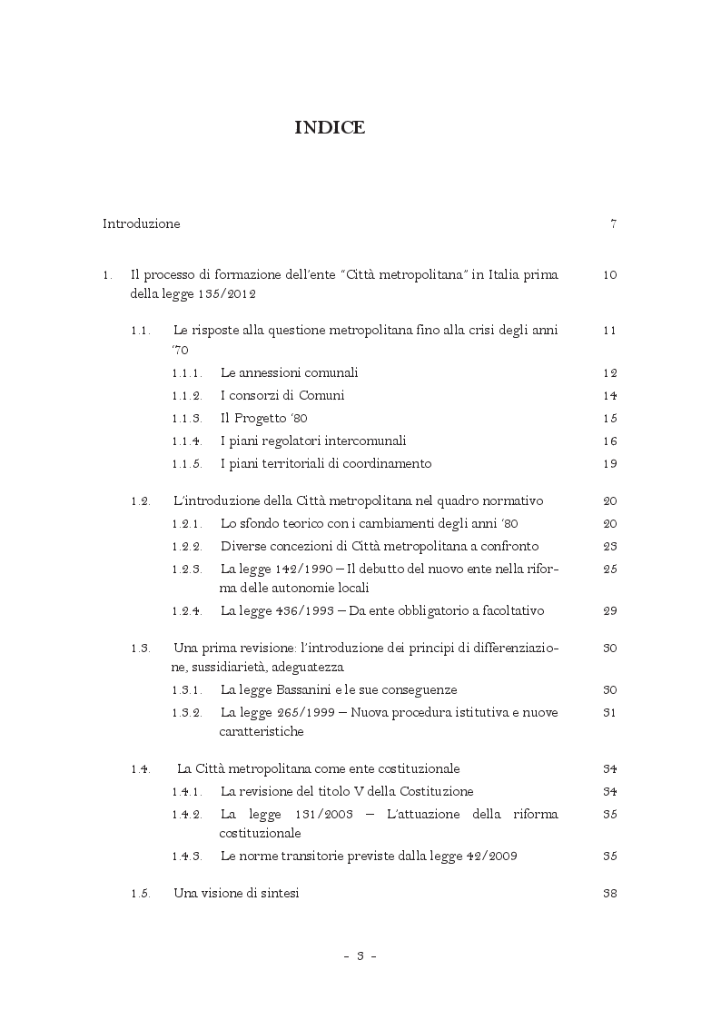 Indice della tesi: La città metropolitana nella pianificazione e nel governo del territorio, Pagina 1