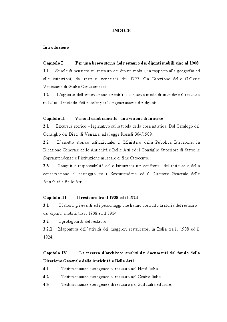 Indice della tesi: La storia degli interventi di restauro sui dipinti mobili in Italia tra il 1908 e il 1924., Pagina 1