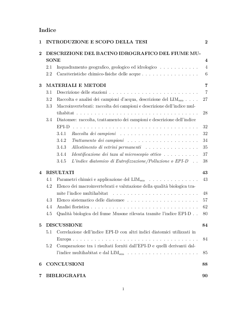Indice della tesi: Valutazione dello stato ecologico del bacino idrografico del fiume Musone (Marche) mediante applicazione di indici biotici (diatomee e macroinvertebrati) e chimici (LIMeco), Pagina 1