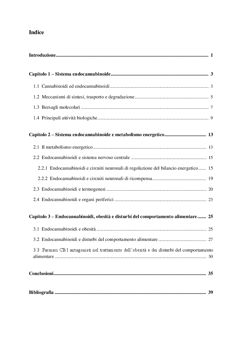 Indice della tesi: Ruolo del sistema endocannabinoide nel controllo del metabolismo energetico, Pagina 1