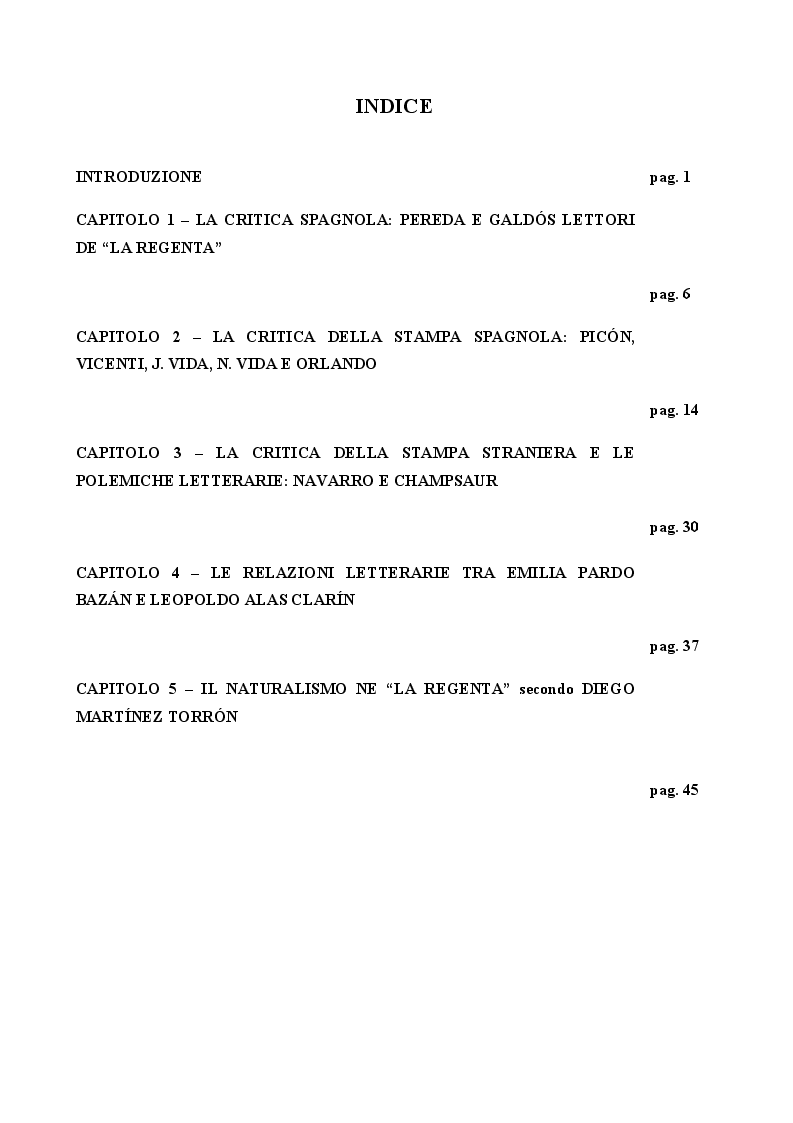 Indice della tesi: La Regenta nello specchio della critica: due generazioni di lettori (XIX-XX sec.), Pagina 1