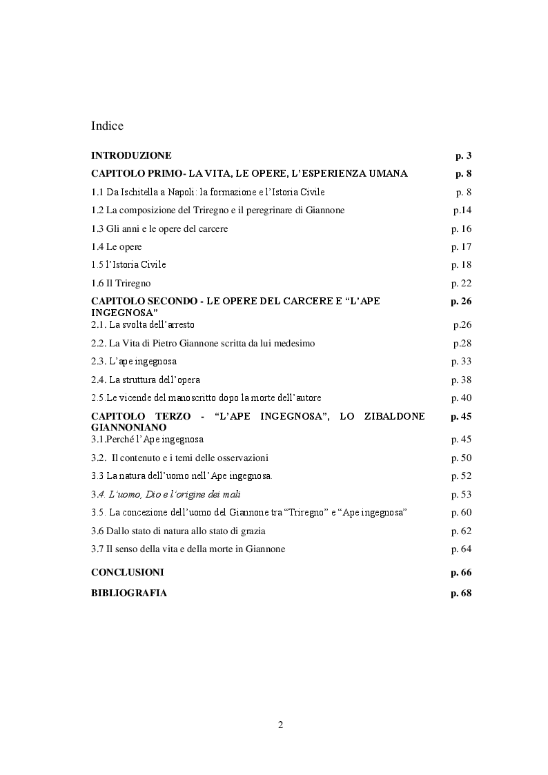 Indice della tesi: L' ''Ape Ingegnosa'' di Pietro Giannone, Pagina 1