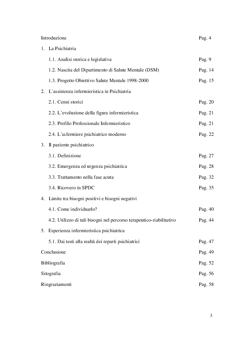 Indice della tesi: Il ruolo dell'infermiere nell'assistenza al paziente psichiatrico in fase acuta: emergenza psichiatrica e SPDC, Pagina 1