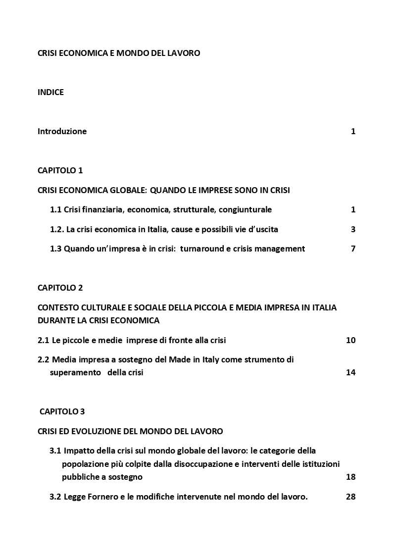 Indice della tesi: Crisi Economica e Mondo del Lavoro, Pagina 1