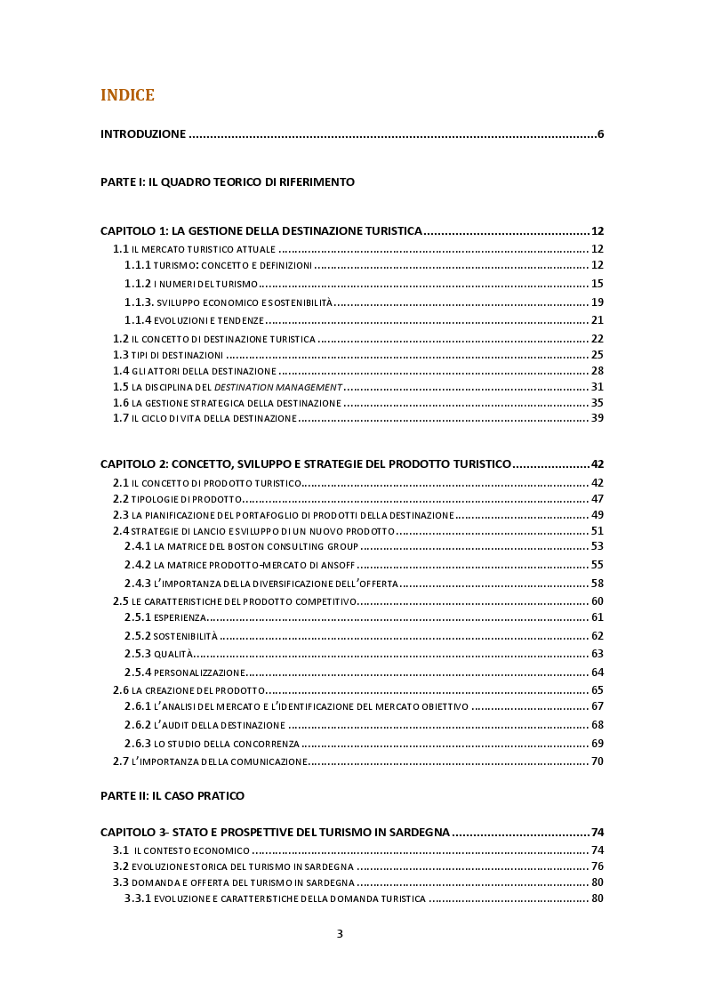 Indice della tesi: Destination Management e strategie di prodotto: il turismo sportivo naturalistico in Sardegna, Pagina 1