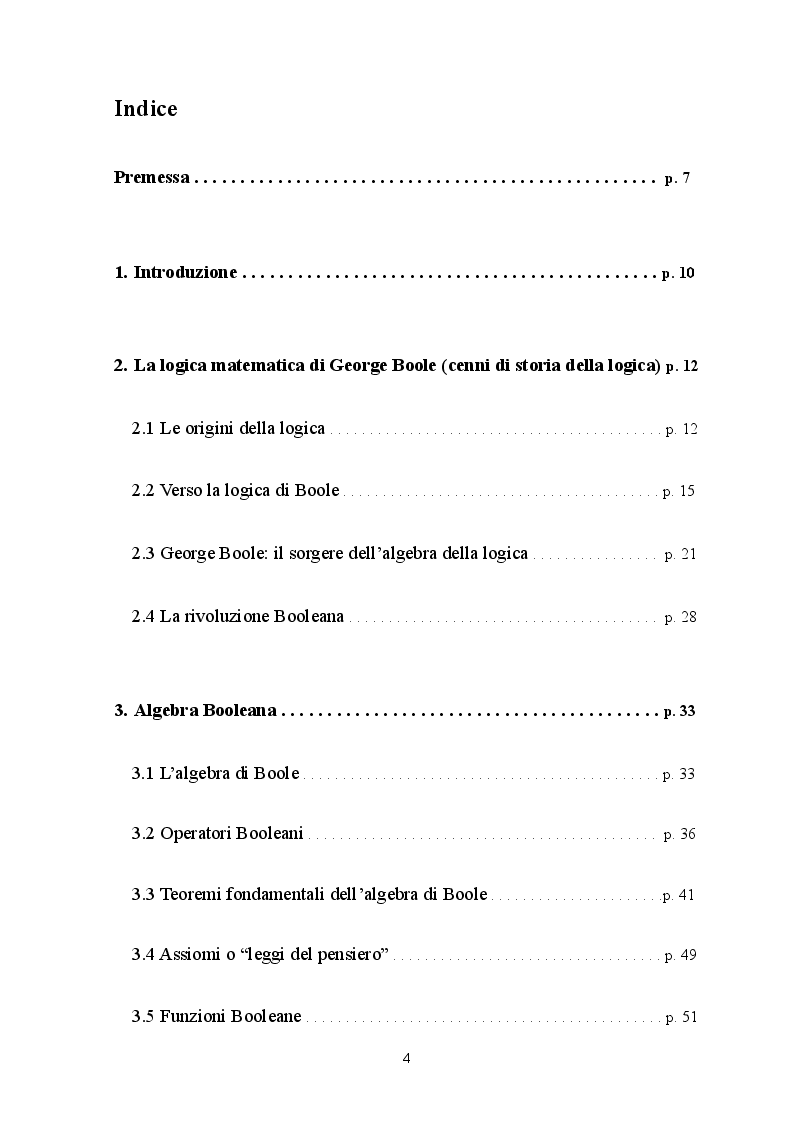 Indice della tesi: George Boole e l'Algebra Booleana - Logica e Comunicazione, Pagina 1