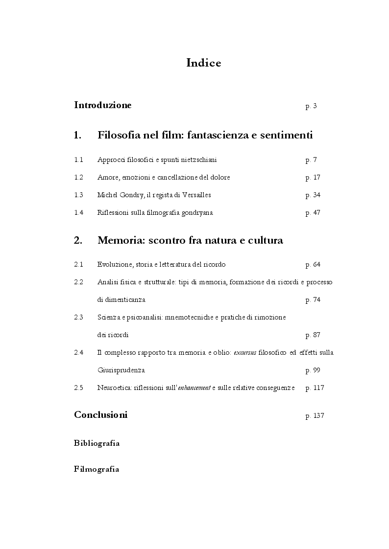 Indice della tesi: Amore - dolore, memoria - oblio. Analisi filosofica del film Eternal Sunshine of the Spotless Mind, Pagina 1