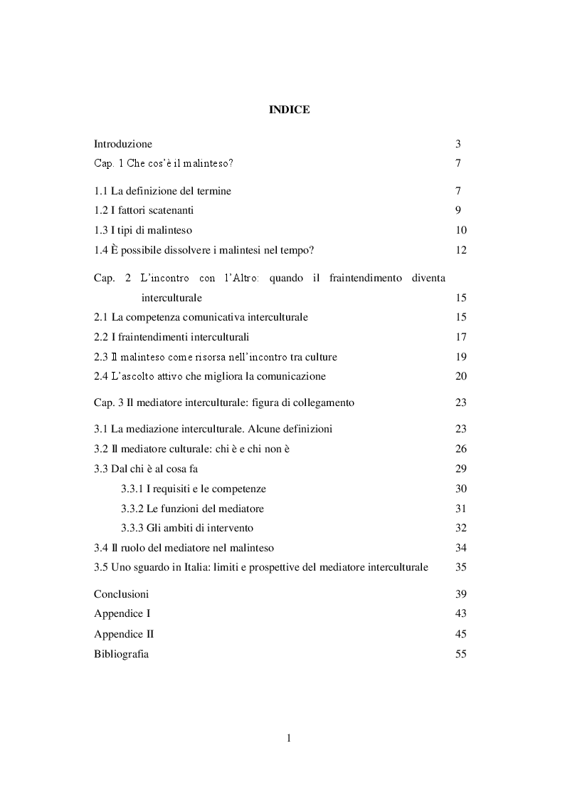 Indice della tesi: Malinteso: intesa interculturale, Pagina 1