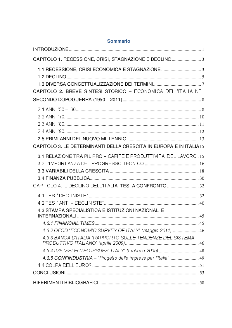 Indice della tesi: Il declino economico dell'Italia: tesi a confronto, Pagina 1