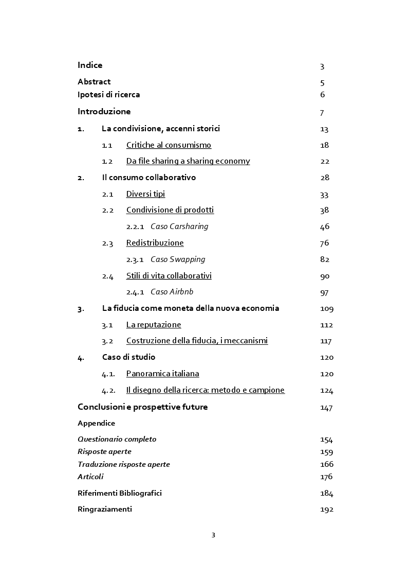 Indice della tesi: Fenomeno sharing, dagli U.S.A. all'Italia. La condivisione di oggetti e servizi nell'era digitale., Pagina 1