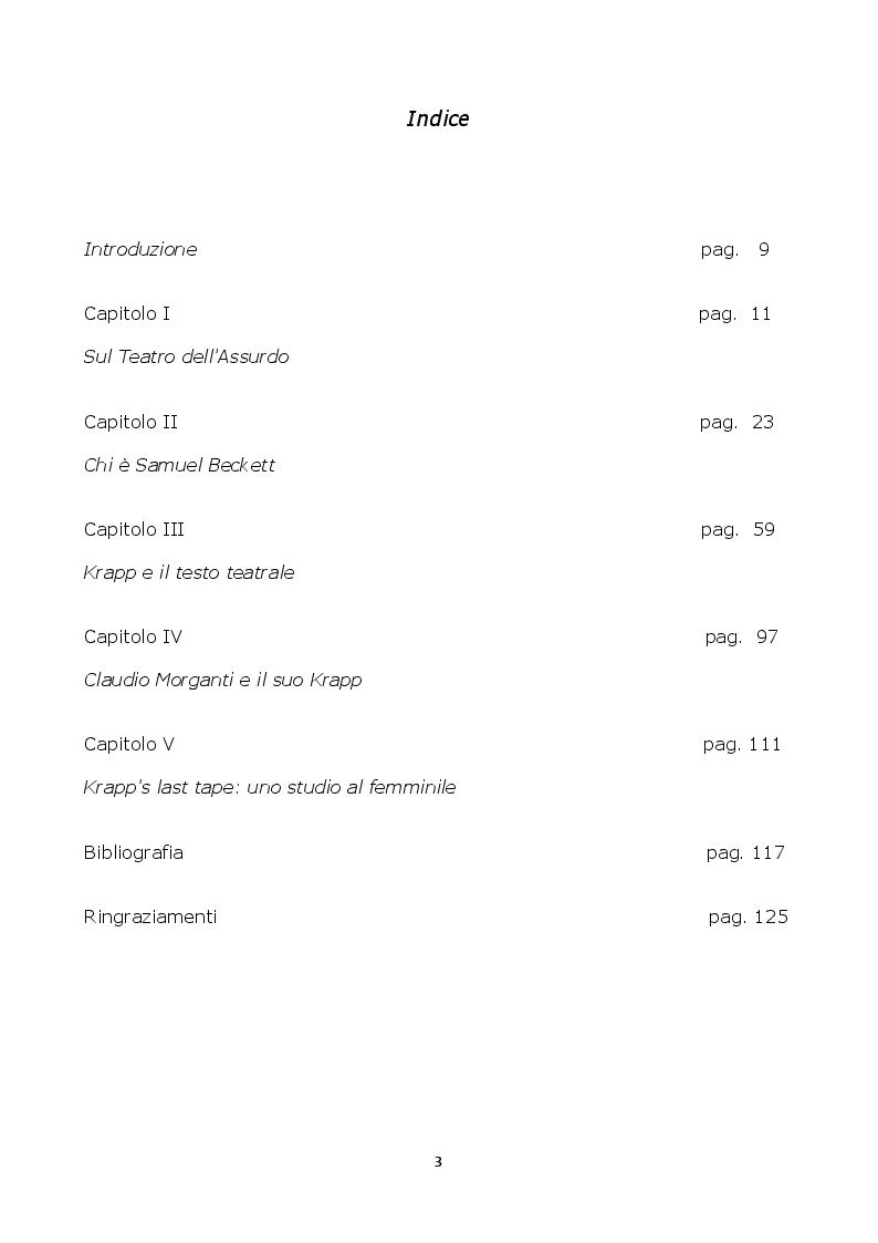 Indice della tesi: Krapp's last tape. Uno studio al femminile, Pagina 1