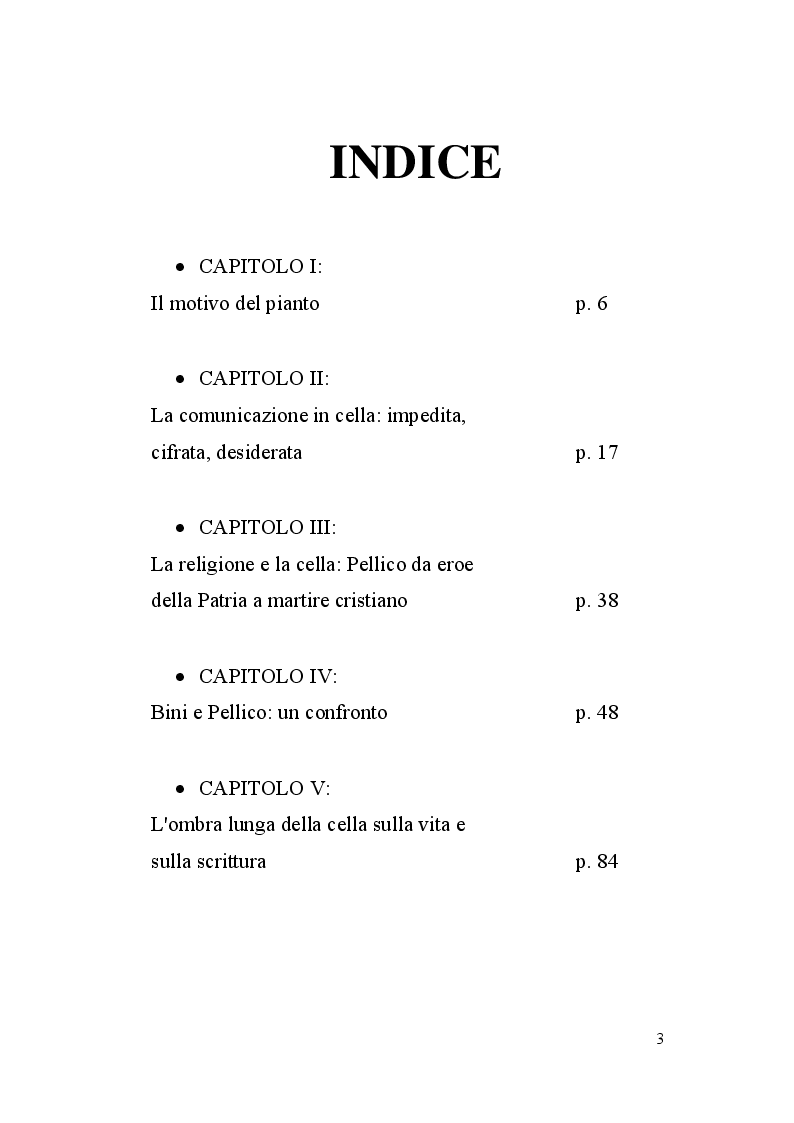 Indice della tesi: La prigione romantica tra memoria e immaginazione. Silvio Pellico e Carlo Bini, Pagina 1