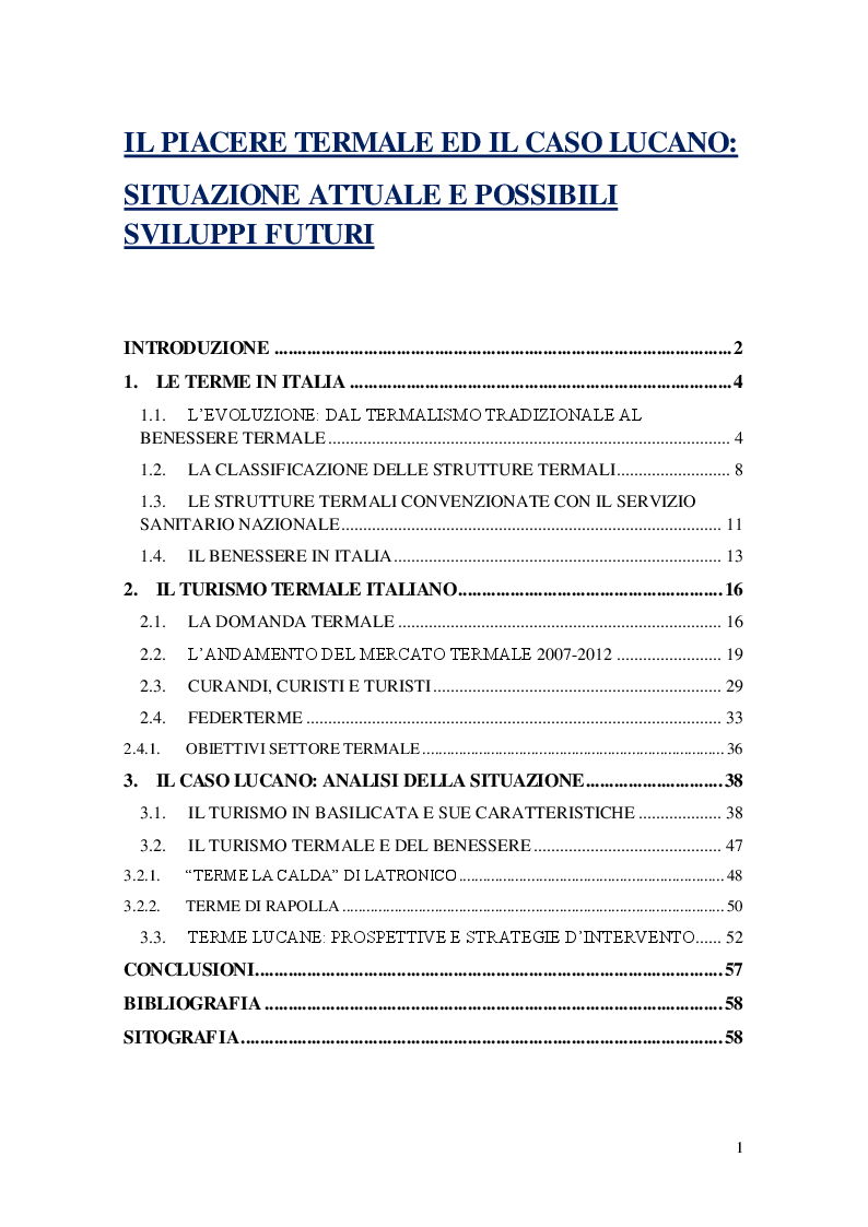 Indice della tesi: Il piacere termale ed il caso lucano: situazione attuale e possibili sviluppi futuri, Pagina 1