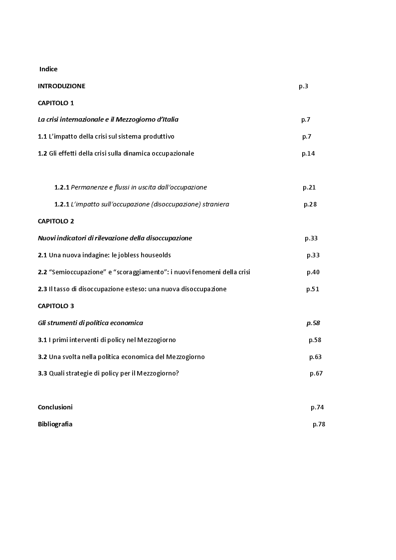 Indice della tesi: La crisi economica. La nuova disoccupazione nel mezzogiorno d'Italia, Pagina 1