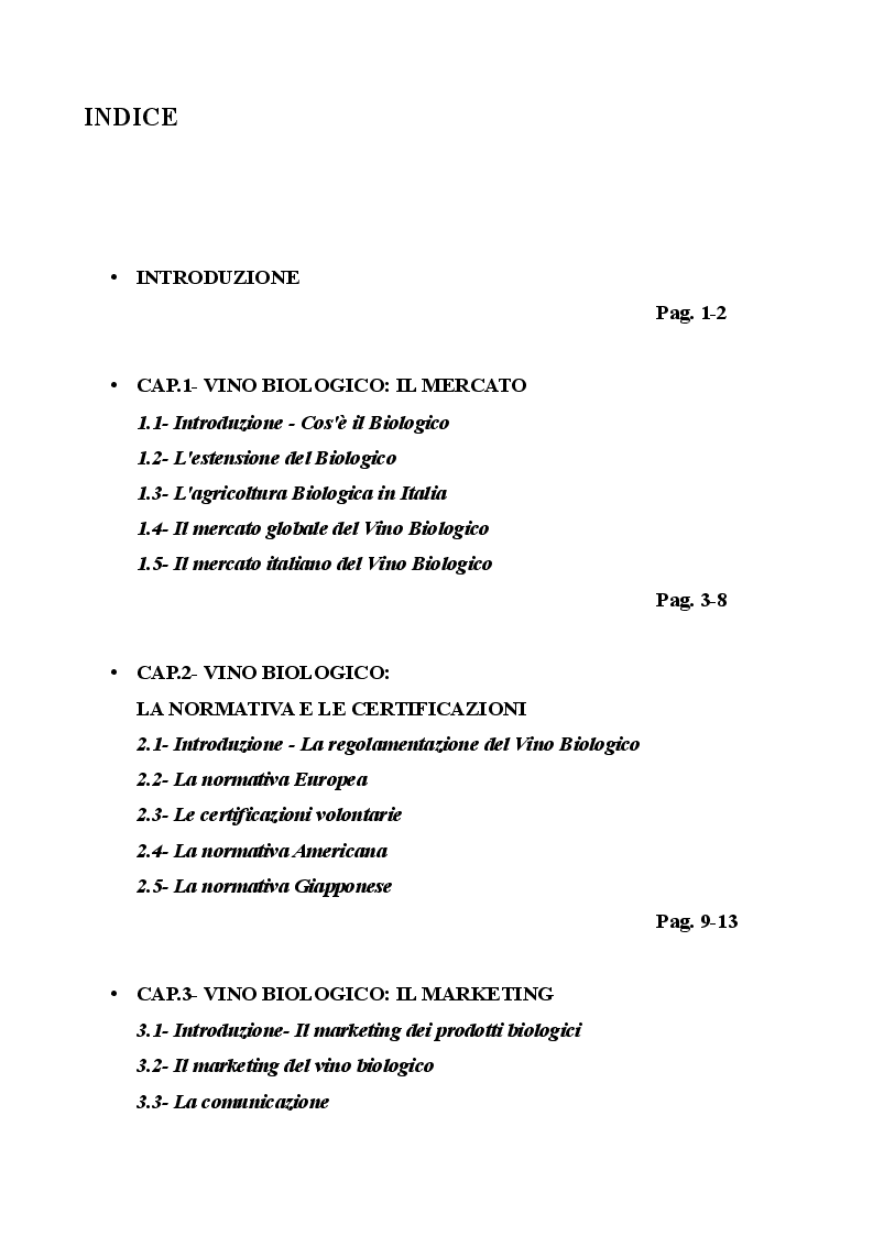 Indice della tesi: Il mercato del vino biologico: Il caso Supèrbio, Pagina 1