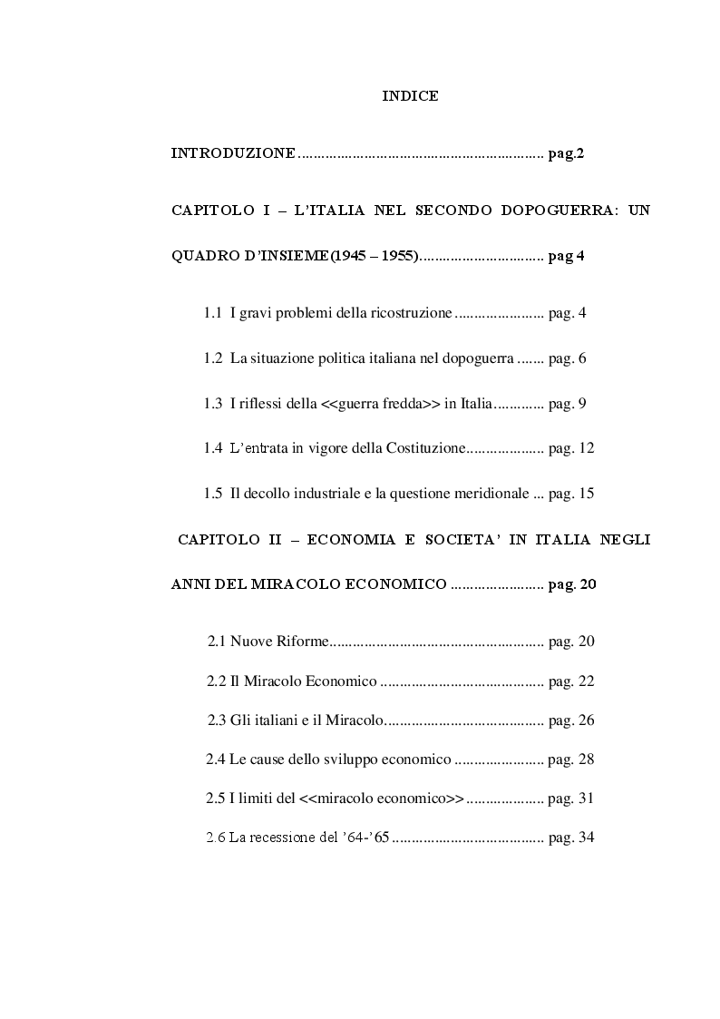 Indice della tesi: I settori economici industriali negli anni della grande trasformazione (1950-1970), Pagina 1
