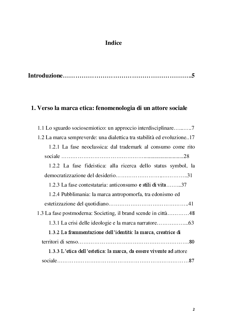Indice della tesi: La marca ''sempreverde'' tra identità e immagine: un approccio sociosemiotico alla corporate social responsibility, Pagina 1