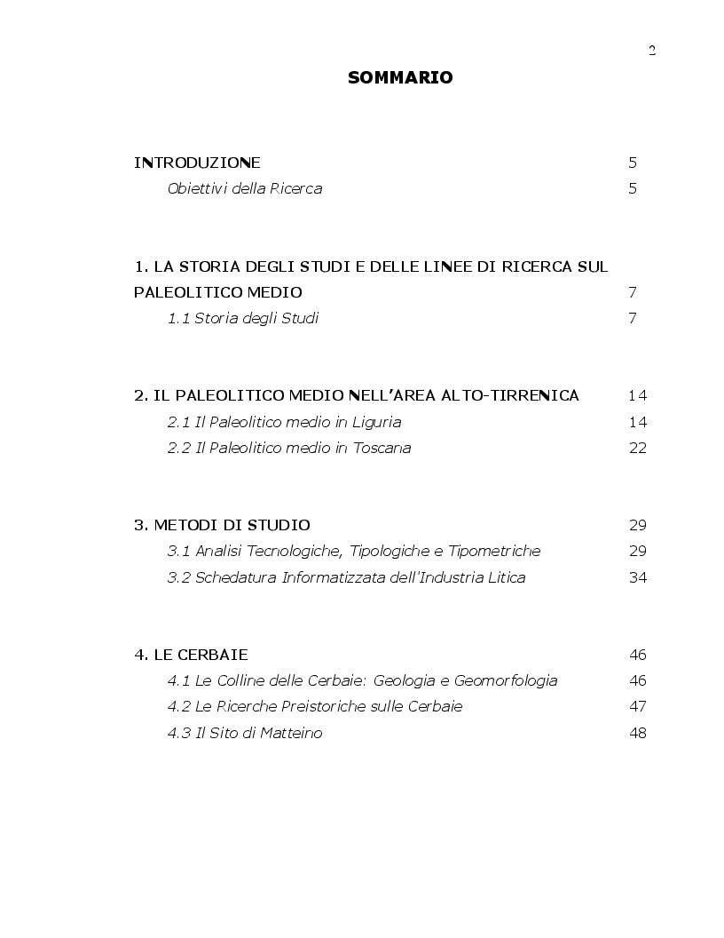 Indice della tesi: L'industria di superficie del Paleolitco medio di Matteino (Colline delle Cerbaie, PISA), Pagina 1