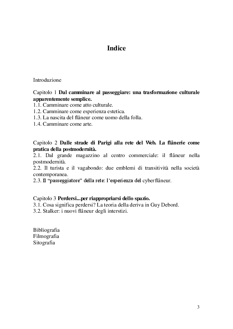Indice della tesi: Camminare, passeggiare, perdersi. Tre modalità di fruizione estetica per esplorare lo spazio., Pagina 1