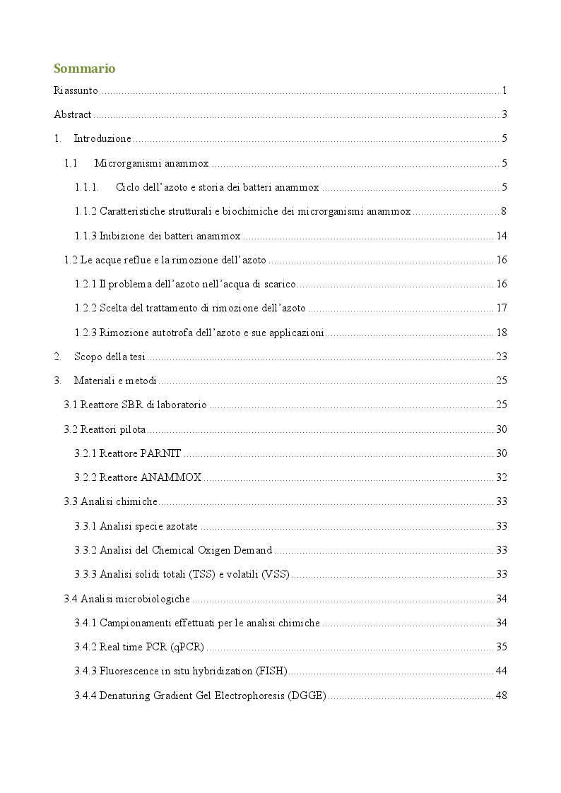 Indice della tesi: Ottimizzazione di parametri di processo per la rimozione biologica di azoto da reflui zootecnici tramite processo anammox, Pagina 1