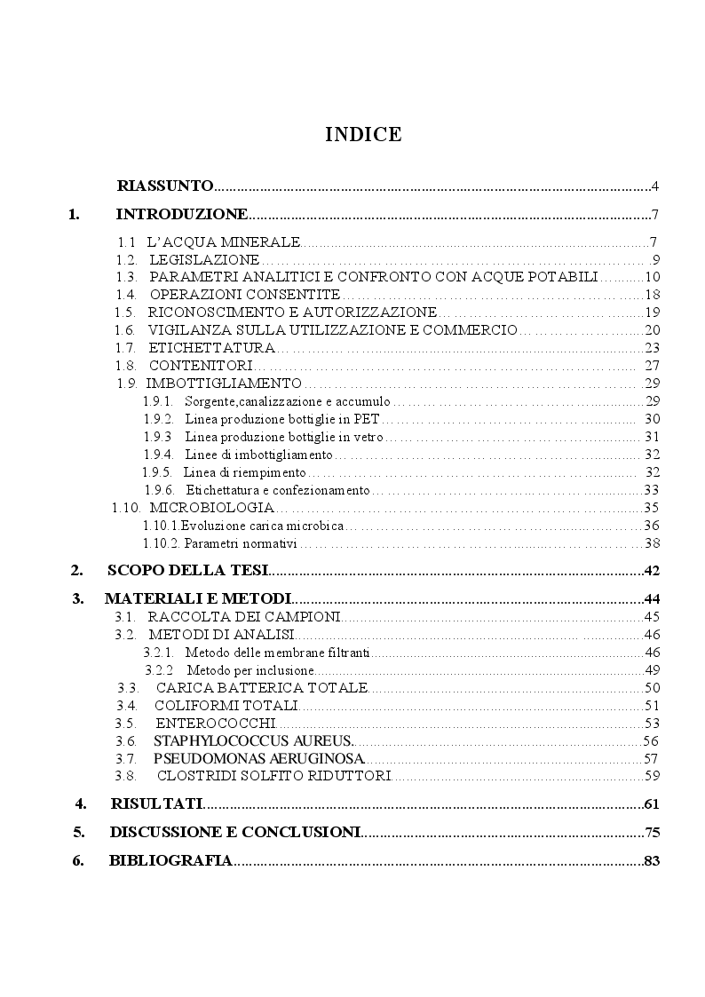 Indice della tesi: Valutazione della qualità microbiologica delle acque minerali imbottigliate in funzione delle condizioni ambientali di conservazione, Pagina 1