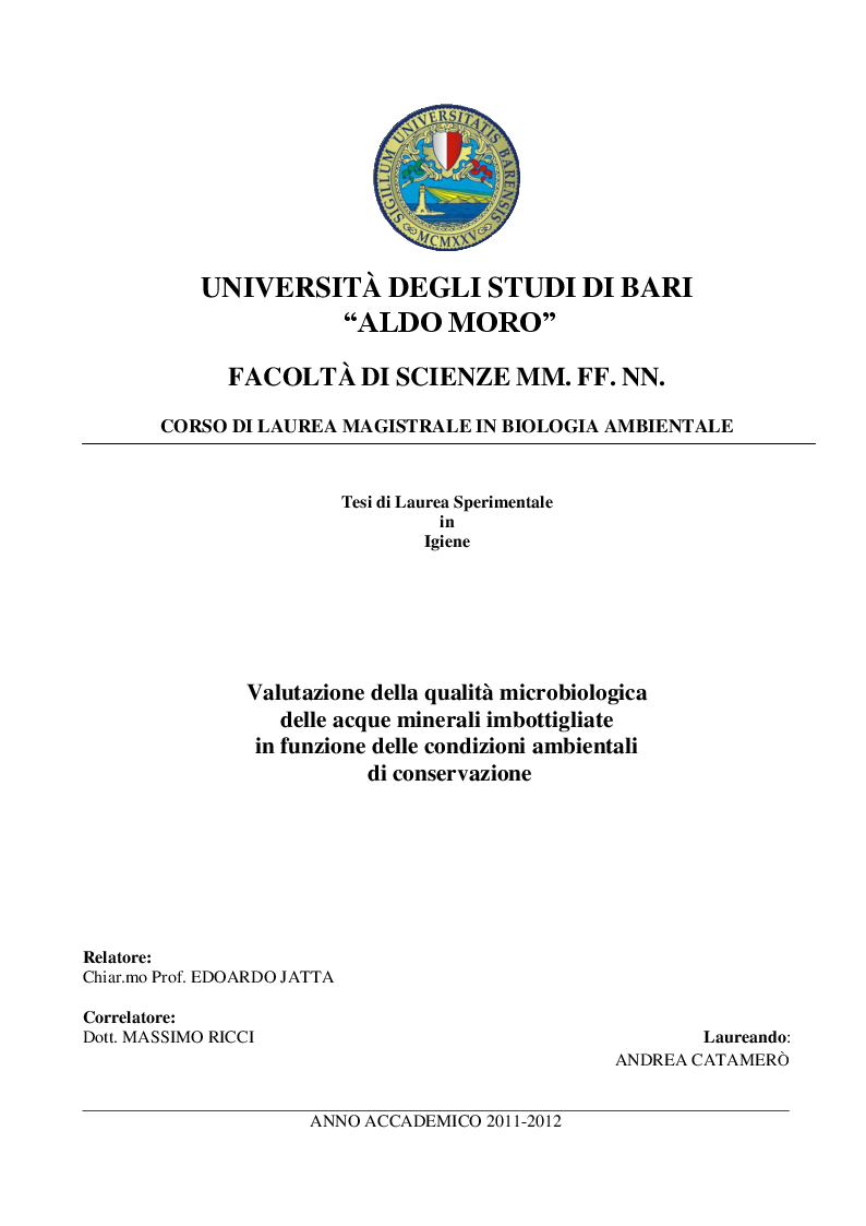 Anteprima della tesi: Valutazione della qualità microbiologica delle acque minerali imbottigliate in funzione delle condizioni ambientali di conservazione, Pagina 1