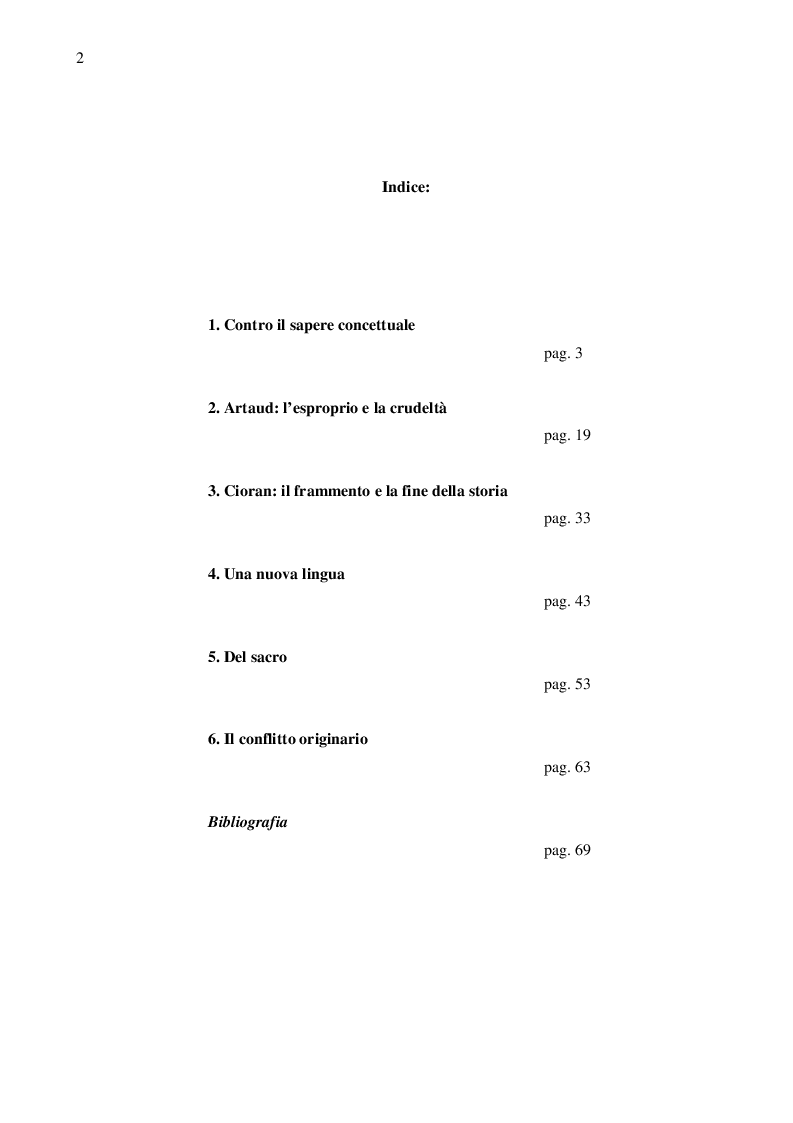Indice della tesi: Artaud e Cioran: i filosofi dell'avvenire, Pagina 1