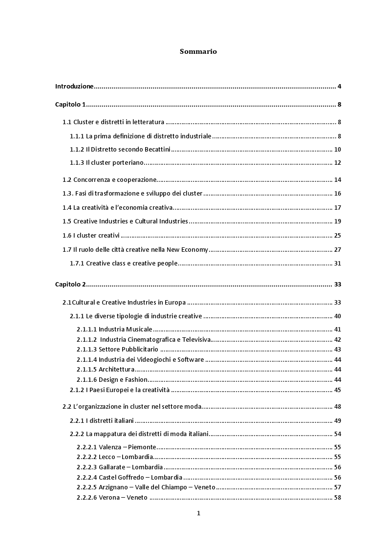 Indice della tesi: Project Based Organization nelle Industrie Creative: aspetti strutturali e relazionali della composizione dei team di lavoro nelle Imprese del Settore Moda, Pagina 1