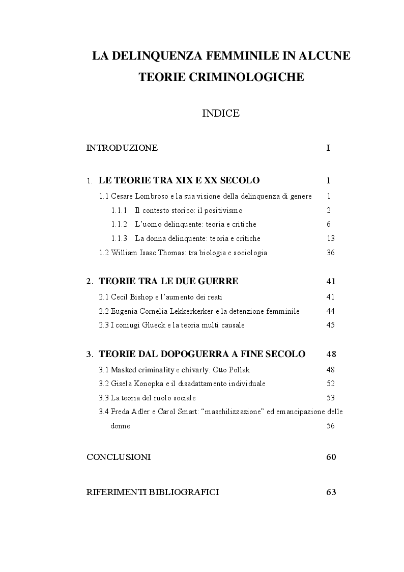 Indice della tesi: La delinquenza femminile in alcune teorie criminologiche, Pagina 1