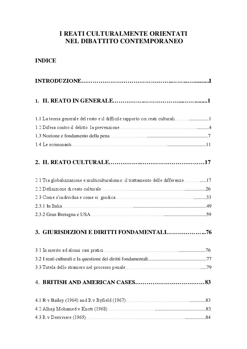 Indice della tesi: I reati culturalmente orientati nel dibattito contemporano, Pagina 1