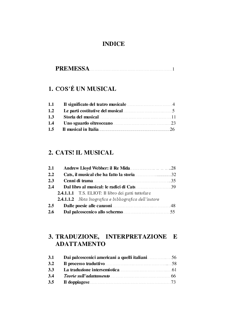 Indice della tesi: Cats! Il musical - Traduzione e adattamento musicale, Pagina 1