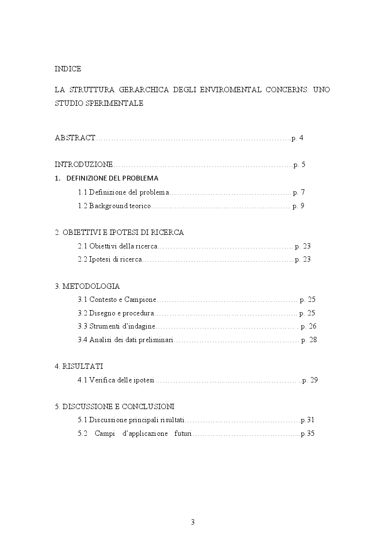 Indice della tesi: La struttura gerarchica degli Environmental Concerns: uno studio sperimentale, Pagina 1