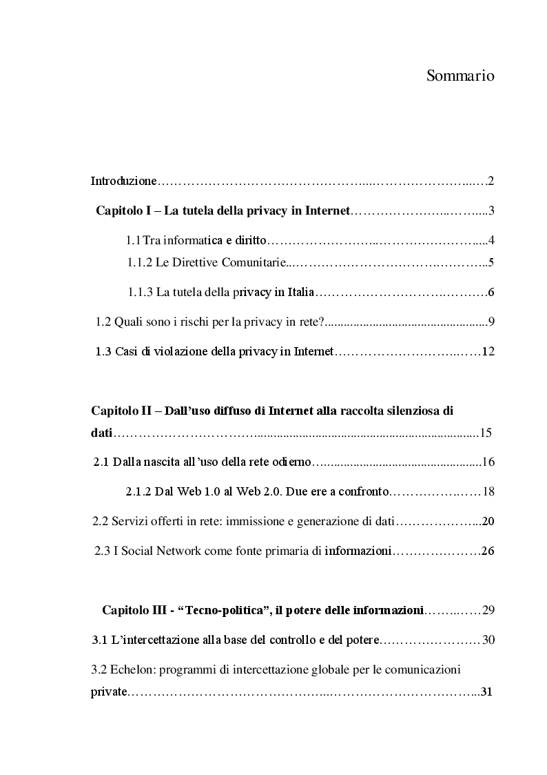 Indice della tesi: La privacy in Internet: il controllo delle masse, Pagina 1