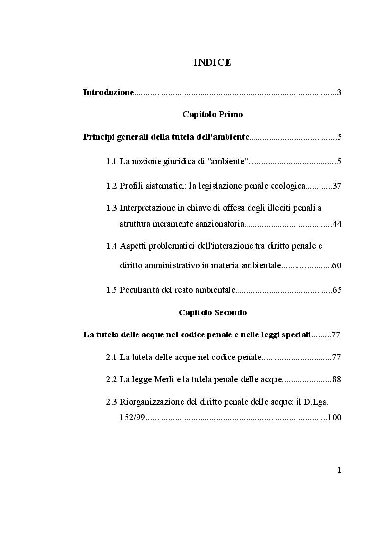 Indice della tesi: La tutela penale delle acque, Pagina 1