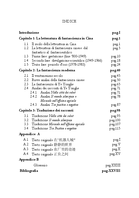 Indice della tesi: Ye Yonglie e la fantascienza cinese tra modernità e tradizione, Pagina 1