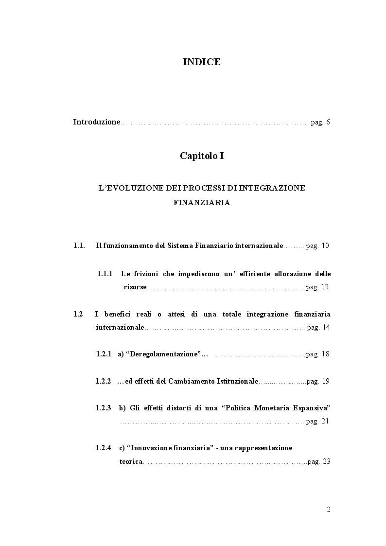 Indice della tesi: Sull'Integrazione Ottimale dei Mercati Finanziari, Pagina 1