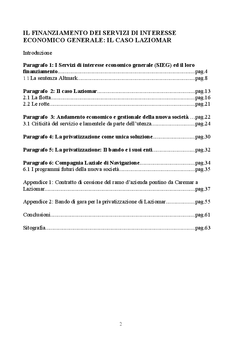 Indice della tesi: Il finanziamento dei servizi di interesse economico generale: il caso Laziomar, Pagina 1