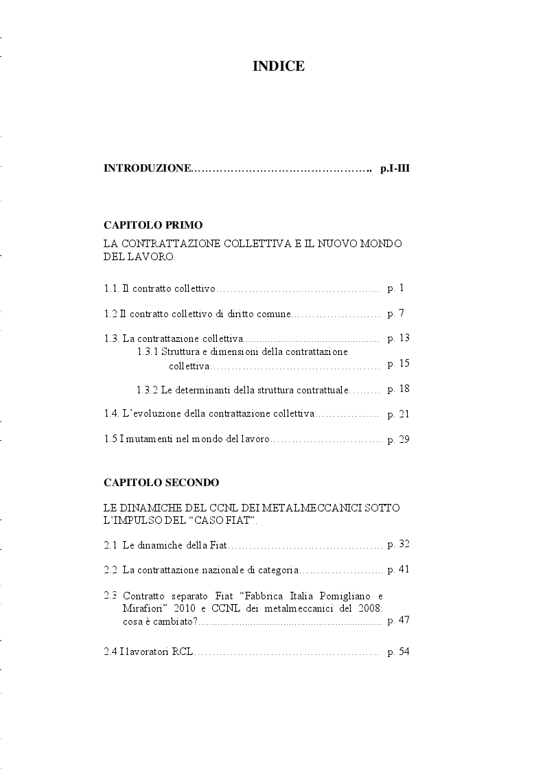 Indice della tesi: Contrattazione collettiva nazionale del lavoro: il Caso di Fiat ''Fabbrica Italia'', Pagina 1