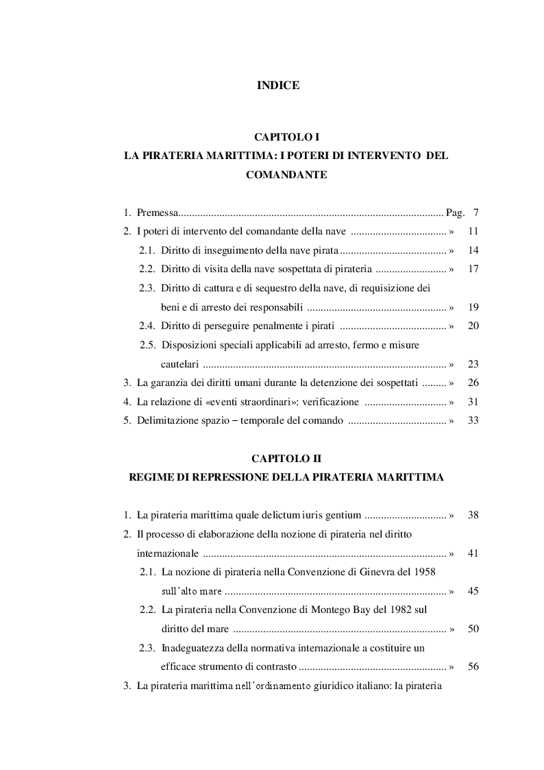 Indice della tesi: I poteri del comandante ed il contrasto alla pirateria, Pagina 1