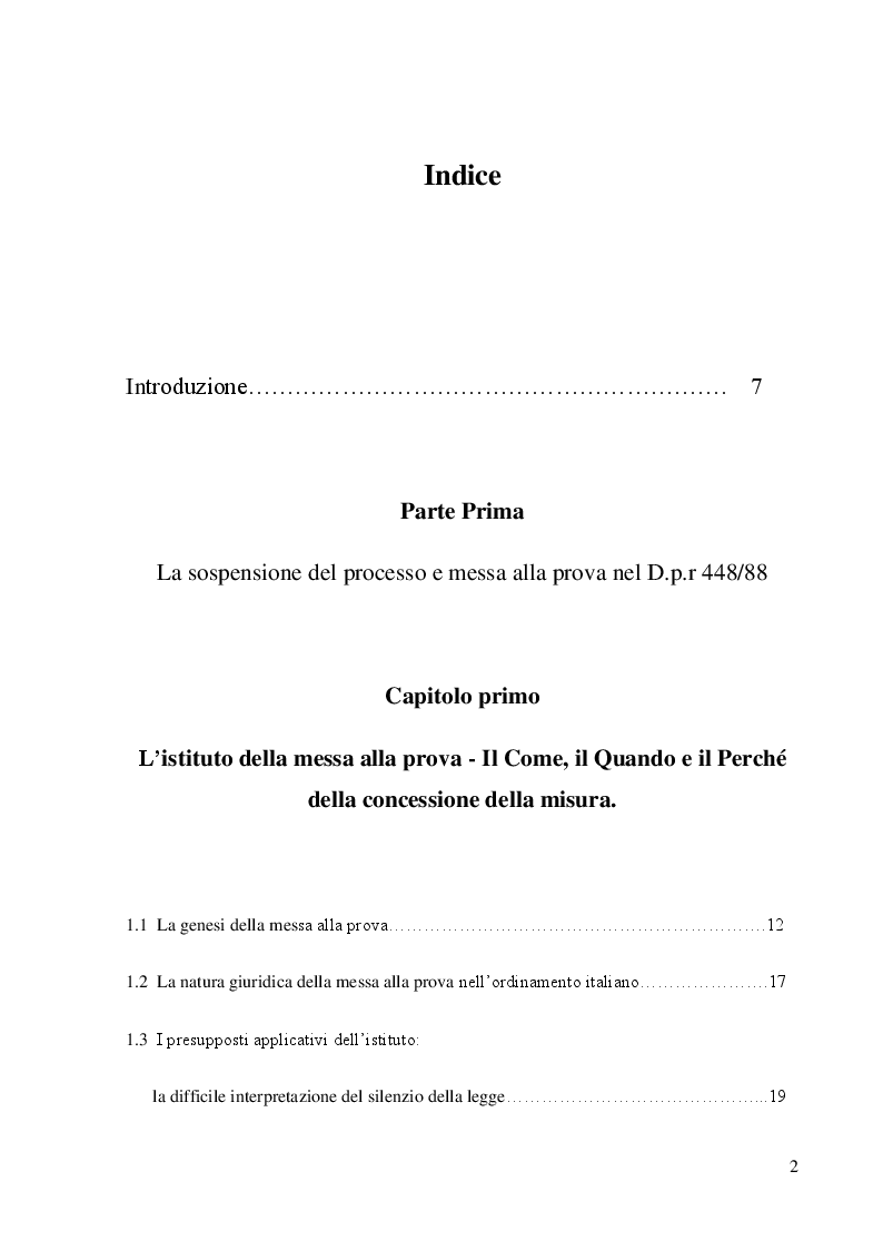 Indice della tesi: La messa alla prova. Un percorso rieducativo per il minore autore di reato, Pagina 1