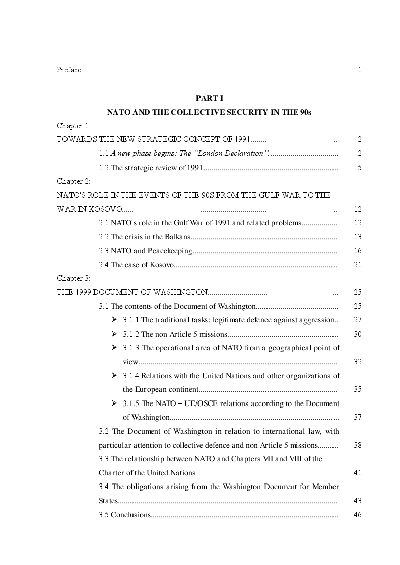 Indice della tesi: NATO from the 90s to Today and the Italian Missions Under Article 11 of the Italian Constitution, Pagina 1