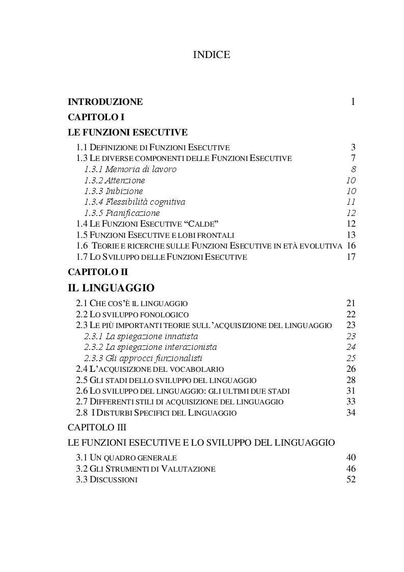 Indice della tesi: Le funzioni esecutive e lo sviluppo del linguaggio, Pagina 1