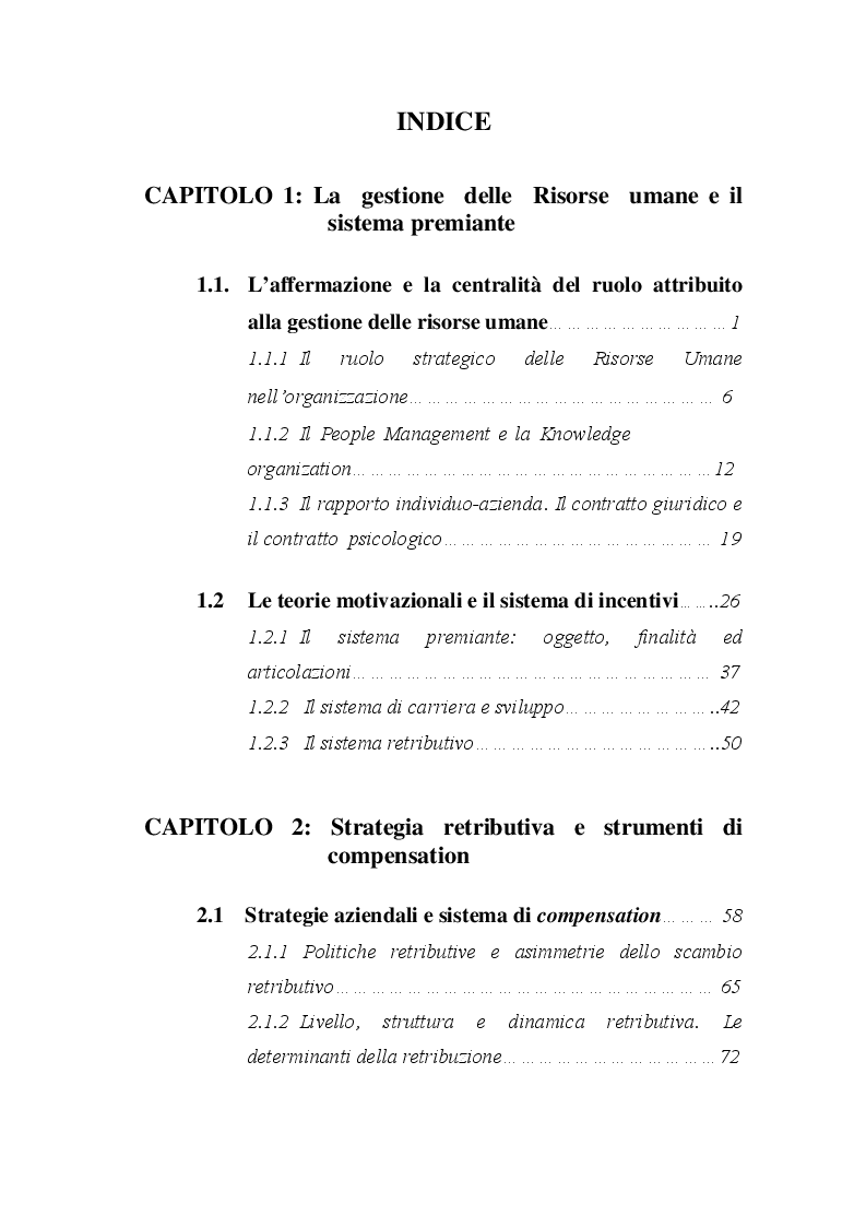 Indice della tesi: Le politiche retributive. Strategie di compensation nella gestione del personale, Pagina 1
