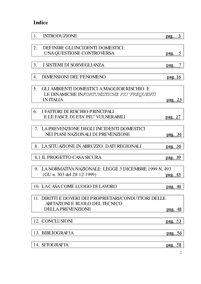 Indice della tesi: Ruolo del tecnico della Prevenzione negli Incidenti Domestici alla luce del PRP 2010-2012, Pagina 1