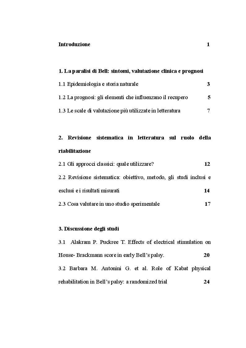 Indice della tesi: Il ruolo della riabilitazione nella paralisi di Bell: revisione sistematica, Pagina 1