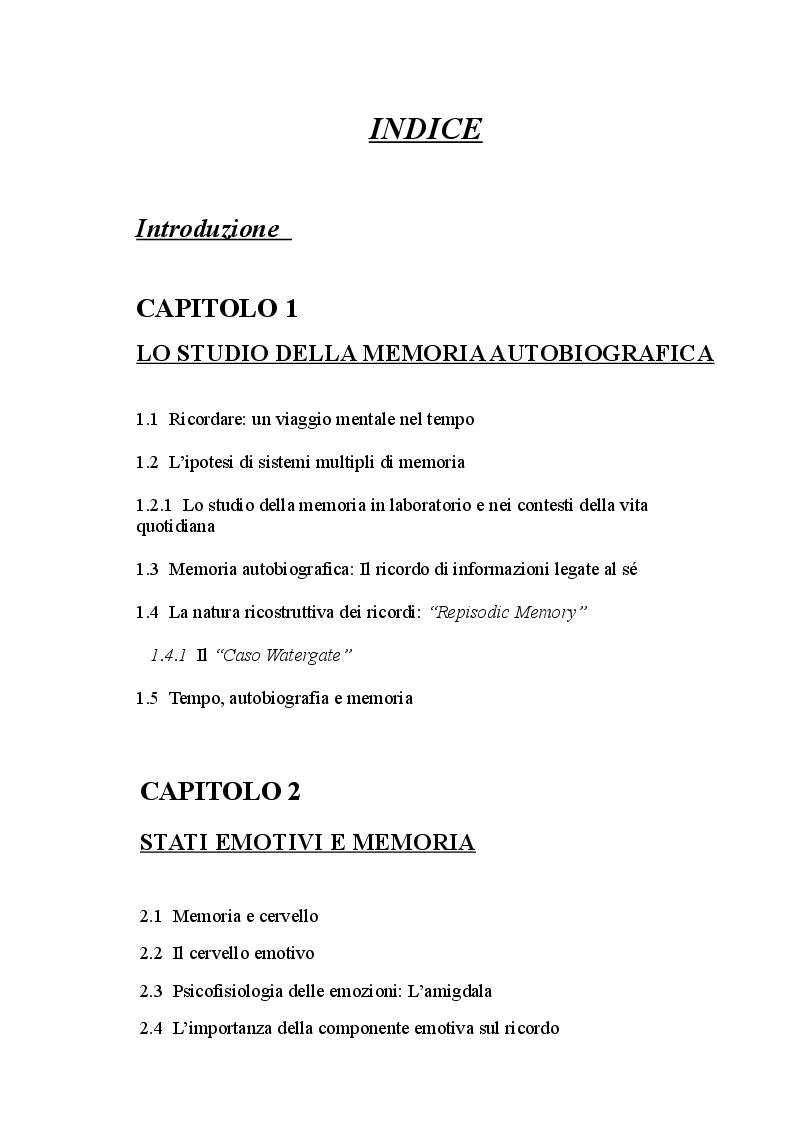Indice della tesi: Memoria ed emozioni: Le Flashbulb memories, Pagina 1