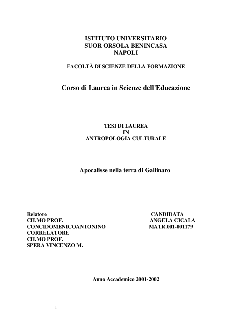 Anteprima della tesi: Apocalisse nella terra di Gallinaro, Pagina 1