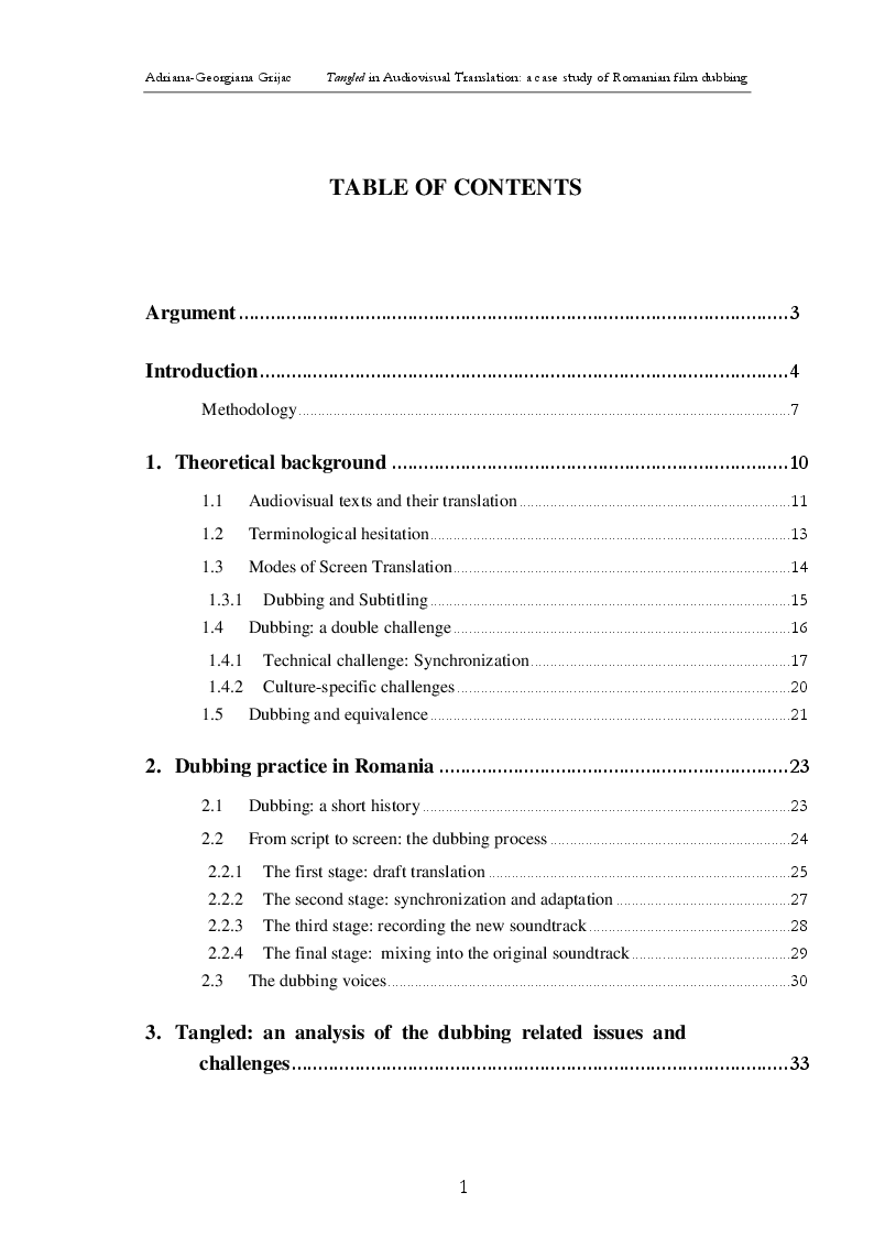 Indice della tesi: Tangled in Audiovisual Translation: a case study of Romanian film dubbing, Pagina 1