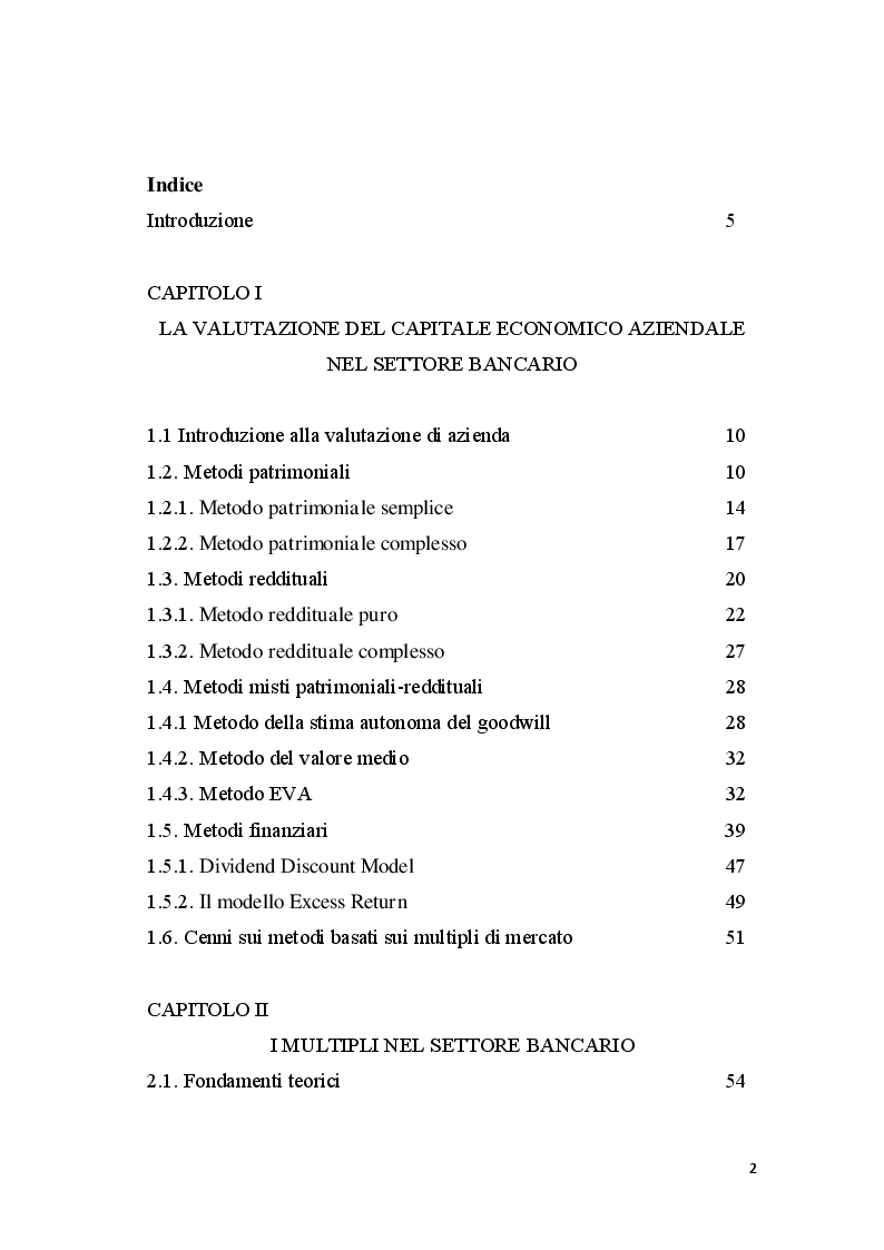 Indice della tesi: Profili di valutazione economica delle imprese bancarie, Pagina 1