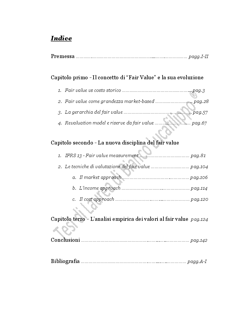 Indice della tesi: Il Fair Value nelle valutazioni di bilancio, Pagina 1